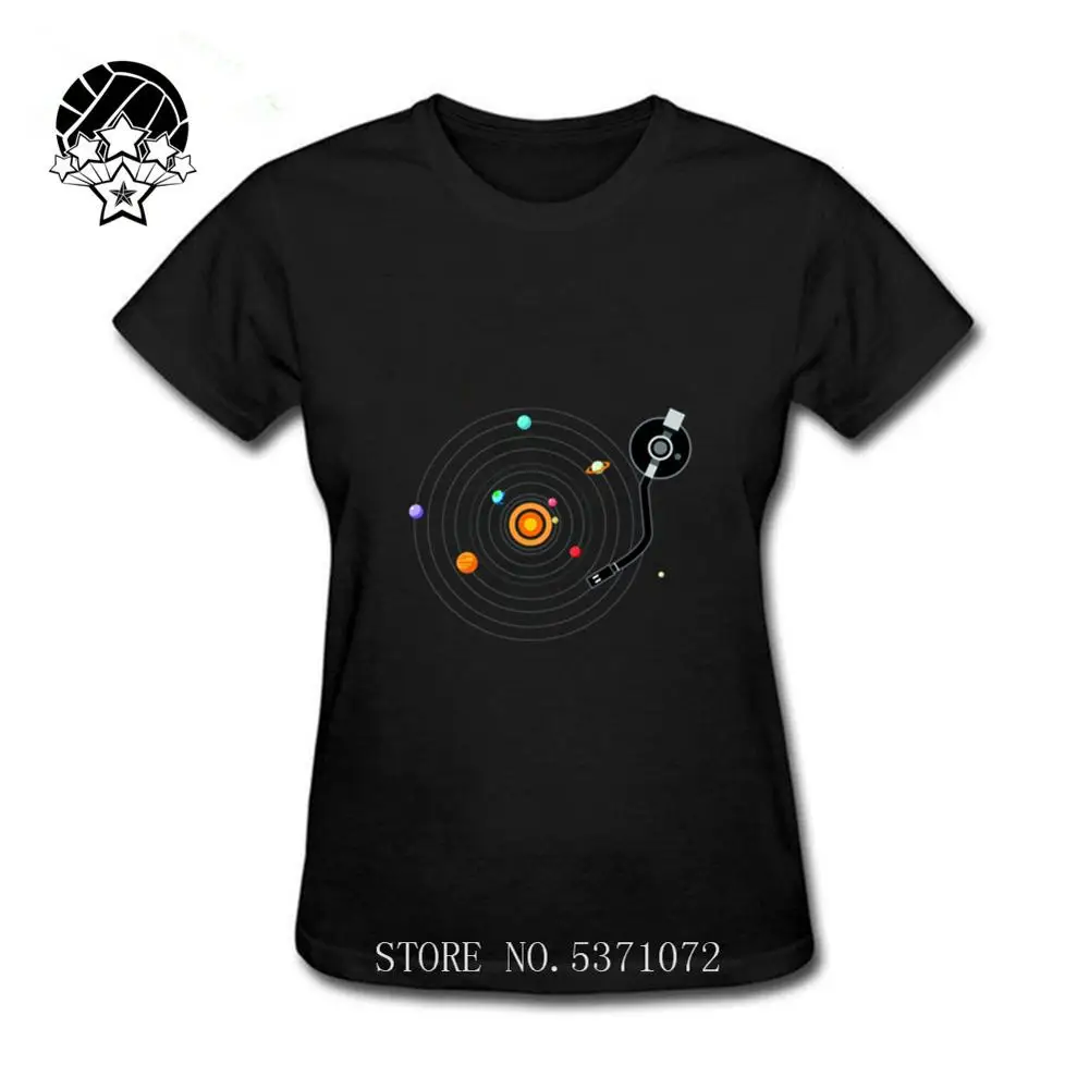 Women T Shirt Solar System Vinyl Record Popular Short Sleeves Universe Galaxy Turntables Tees O Neck Tops Cotton Printed T-shirt | Женская