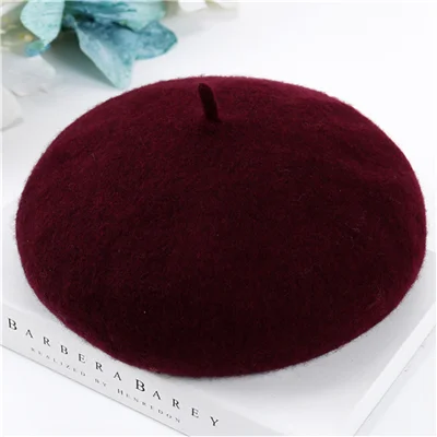 Wine Red Женские Зимние береты, шапка в стиле художника, женские шерстяные винтажные береты, однотонные кепки, женская шапка, теплая прогулочная шапка - Цвет: Wine Red