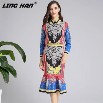 

LINGHAN vintage Print Set Women Single Breasted Turn-down Collar Blouse + Mermaid Skirt Two Piece Set Designer Autumn New