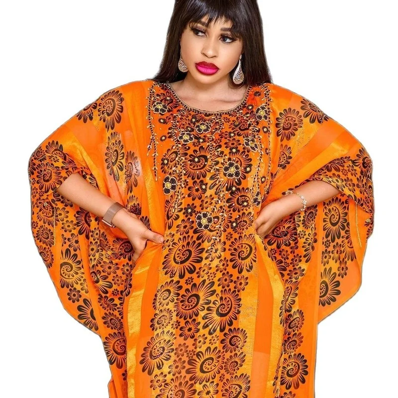 

African mothers' large-swing dress quality chiffon fabric luxury artificial stone cannon bead decoration with black elastic vest