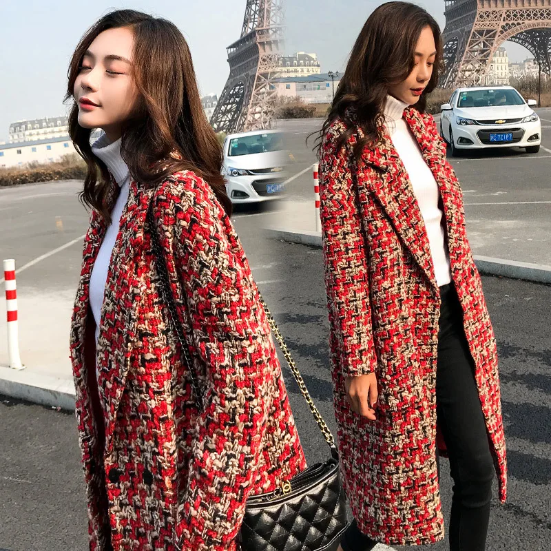 

New Korean Fashion Wool Coats And Jackets Women Red Plaid Tweed Coat Women Blazers Coat Female Long Warm Woolen Overcoat Outwear
