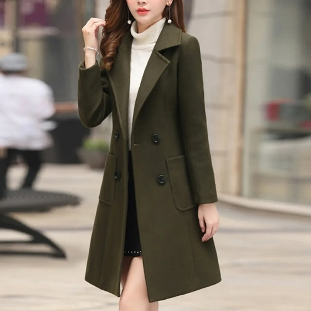Женское зимнее пальто с отворотом и пуговицами, длинное пальто, Женское пальто, верхняя одежда из шерсти, Женское Пальто Moda Feminina