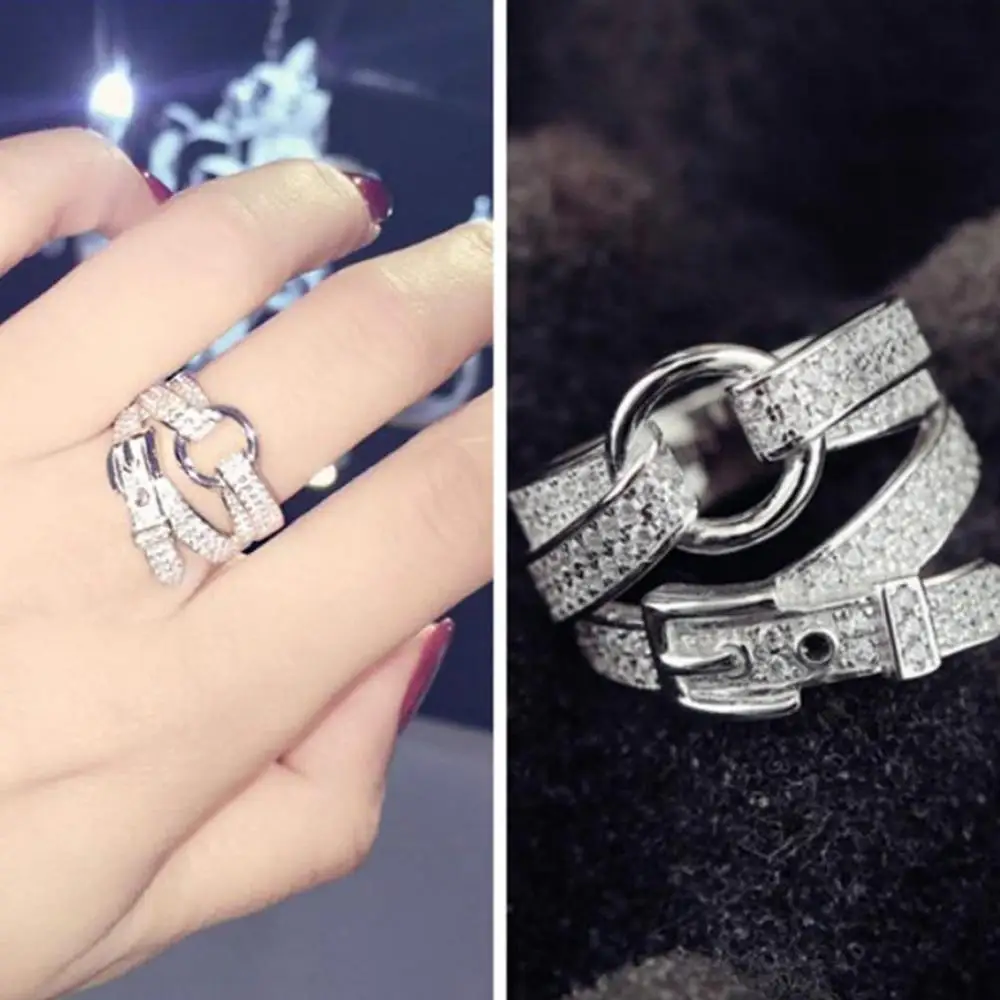 Fashion Lady Belt Exquisite Micro-Inlaid Pave Ring White Color Rhinestone Silver Color Women's Jewelry A5P608