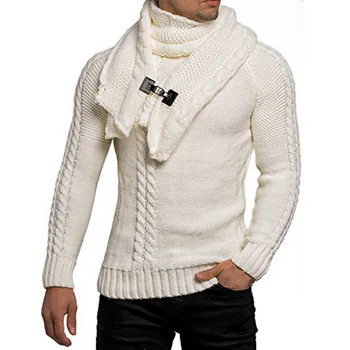 

2019 Men Sweaters Casual Neck Pullover Sweaters Autumn Slim Fit Long Sleeve Cable Knitwear With Scarf Winter