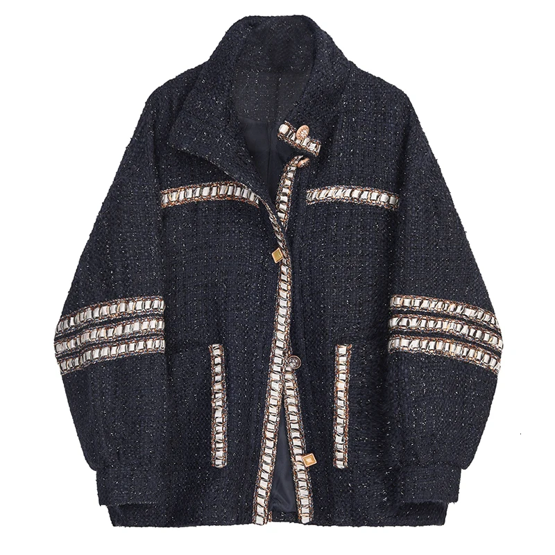 [EAM] темно-синяя твидовая куртка свободного кроя большого размера, Новое Женское пальто с воротником-стойкой и длинным рукавом, модное осенне-зимнее пальто, 1M372