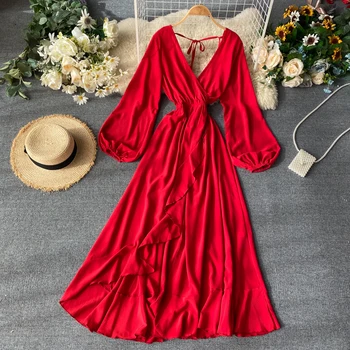

Holiday Women V Neck Long Sleeve Lace Up High Waist Irregular Ruffle Dress Lady Solid Color Elegant Vestidos K921
