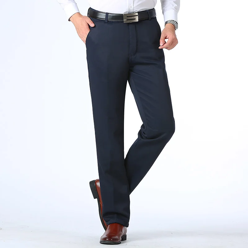 Осень зима мужские теплые флисовые классические черные хлопковые брюки мужские деловые свободные длинные брюки качественные повседневные рабочие брюки комбинезоны - Цвет: Navy Blue Pants