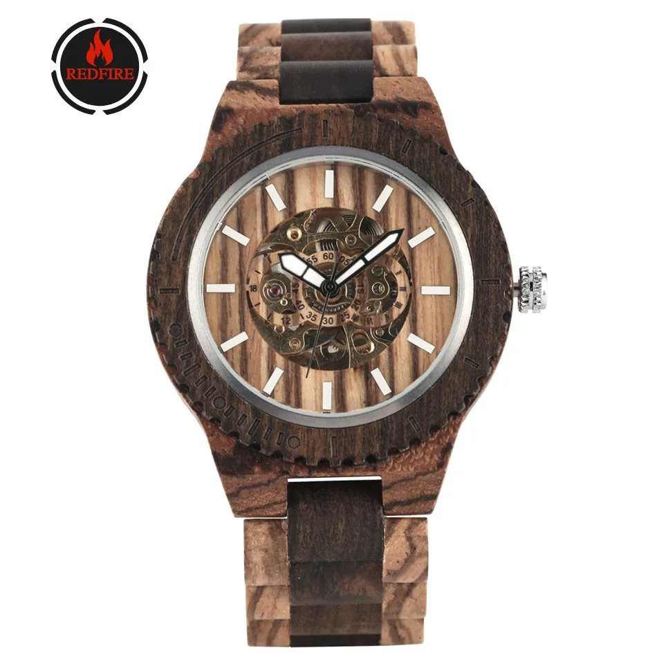

REDFIRE Full Wooden Watch Coffee Brown Men's Wood Clock Gold Skeleton Self Winding Wood Watches Folding Clasp reloj masculino