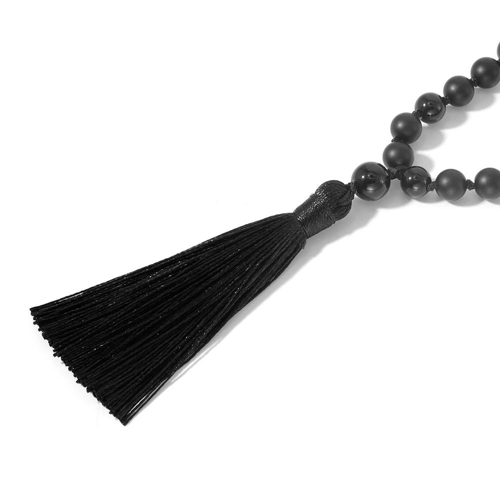 Black Onyx frisada Mala atado colar, pedra semi-preciosa, Tassel Charme, Meditação e Yoga, Japamala Jóias, 8mm, 108
