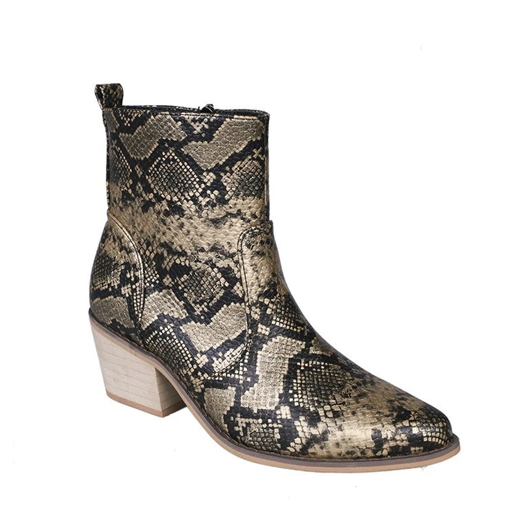 

6cm Heel Women Zipper Boots Snake Print Ankle Boots Square Heel Fashion Pointed Toe Ladies Sexy Shoes 2019 New Chelsea Boots