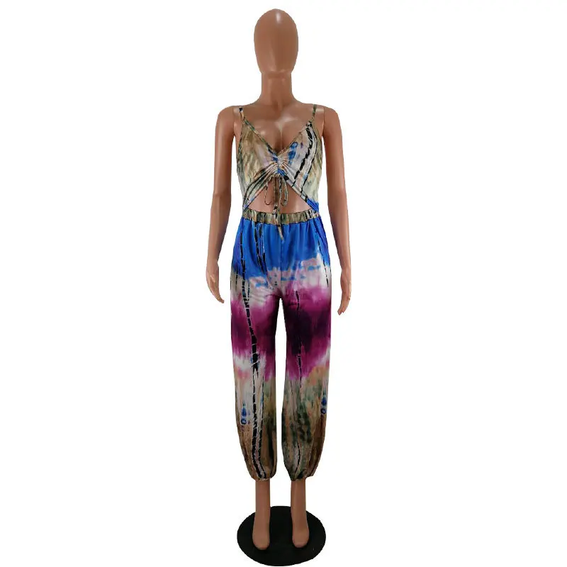 Цельный комбинезон синий галстук краситель обтягивающее боди Женский на