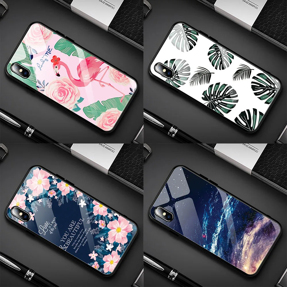 Роскошный окрашенный чехол из закаленного стекла для iphone 11 pro max x xr xs 8 7 6 6 S Вселенная Звездное Фламинго Луна цветочный узор мягкий край
