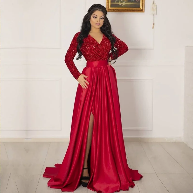 plus size formal wear Sexy Arabic Red Evening Dresses Mermaid V-Neck Long Sleeves Sequines Satin Skirt Side Split Formal Celebrity Wedding Party Dres white evening gowns