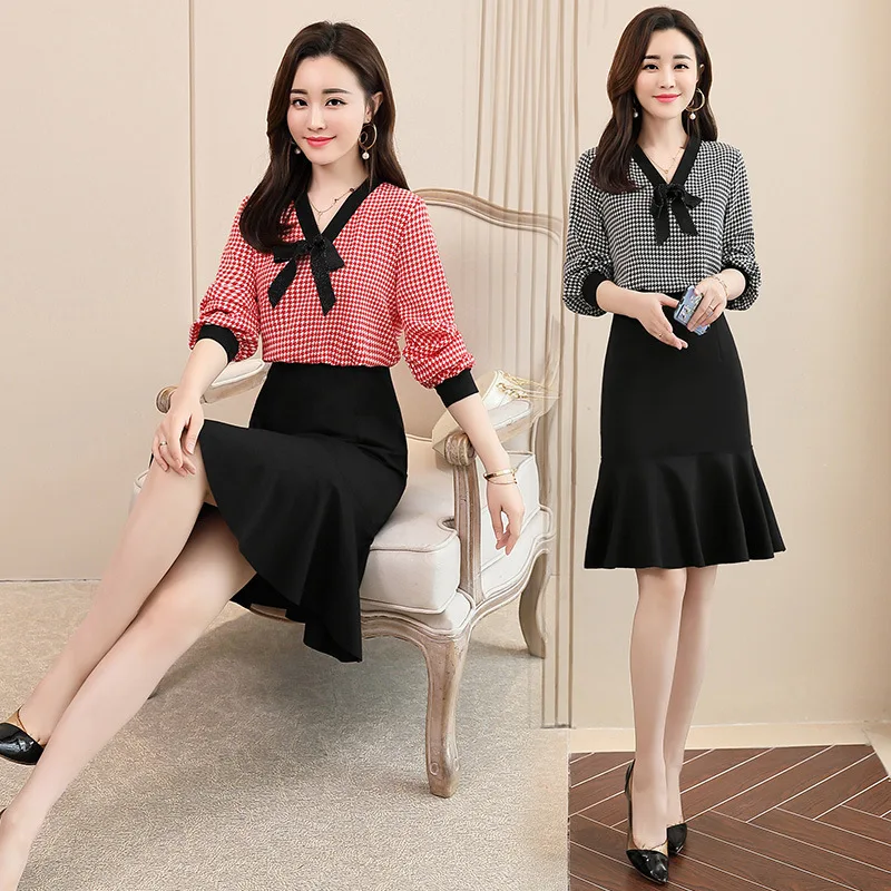 

2019 Spring Early Autumn Large Size Dress New Style Skirt Korean-style Slim Fit Slimming Chiffon Joint Elegant Dress