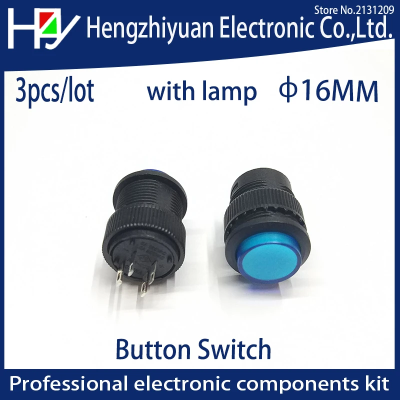 Hzy 16mm Self-locking push button switch with LED ON-OFF blue Green Red Yellow with lamp recovery button switch 3A125V AC 4 pins