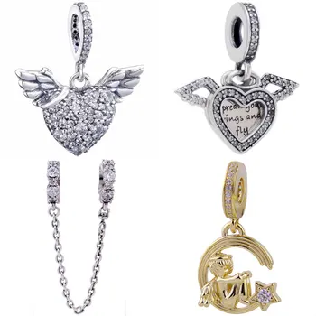 

Pave Heart & Angel Wings Angel & Shooting Star Pendant Charm Clear Sparkle Safety Fit Bracelet 925 Sterling Silver Bead
