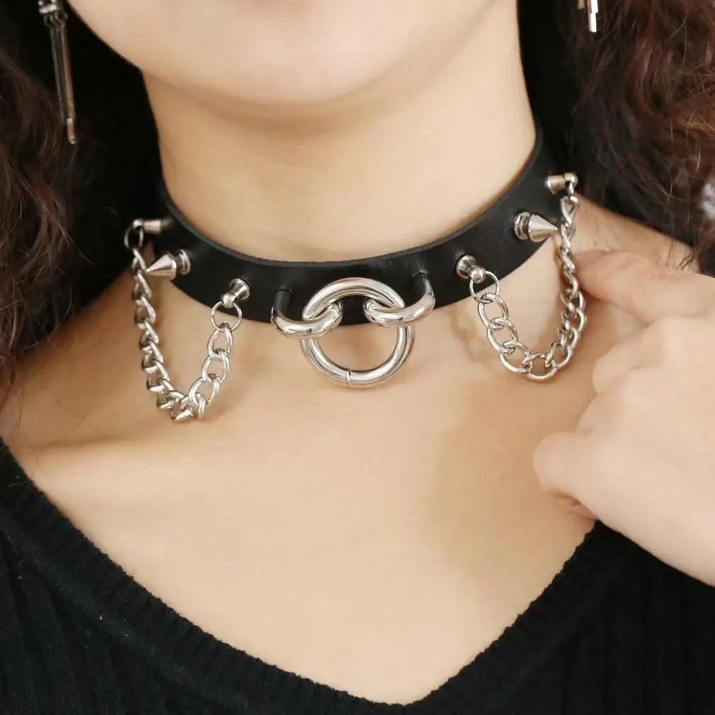 

European and American original new punk exaggerated rivet big O ring chain PU leather collar necklace