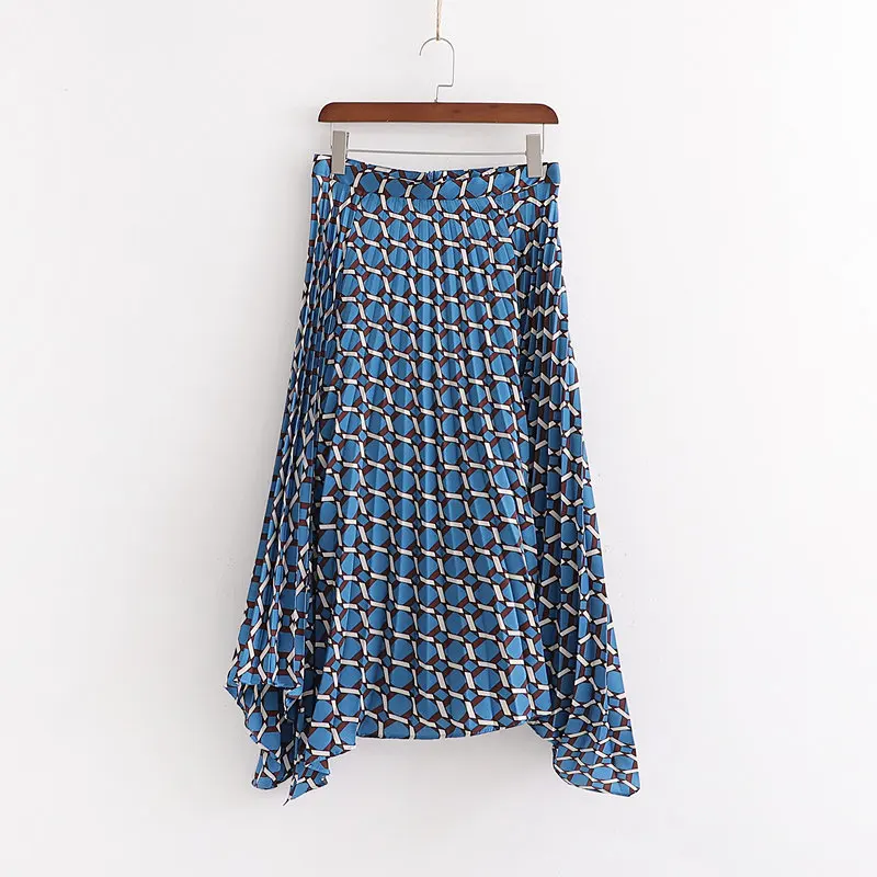 QZ262 European Design Blue Color Geometric Print Pleated Skirt Women's Chic Match All Saias