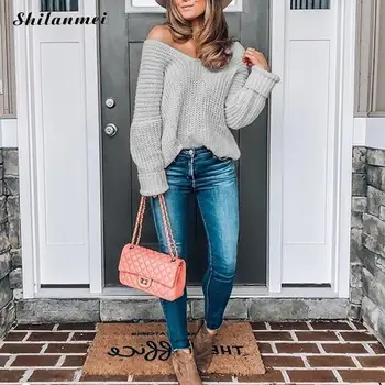 

Vintage Wine Loose Knitted Pullovers 2019 Autumn Winter Women Sweaters Female Casual Solid Plus Size Sweaters Fashion Pull 3XL