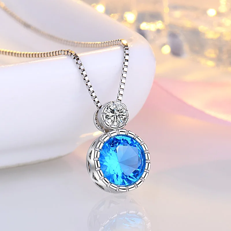 Cute Female Light Blue Pendant Necklace Charm Silver Color Chain