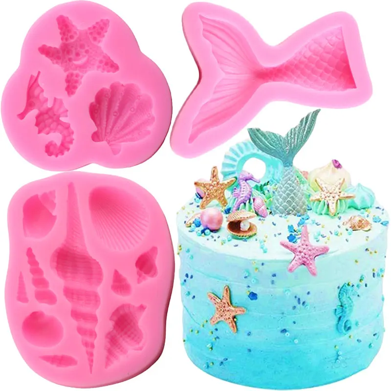 DIY Lovely Shell Starfish Conch Sea Silicone Mold Fish Mermaid Tail Fondant Cake Decorating Tools Candy Clay Chocolate Moulds