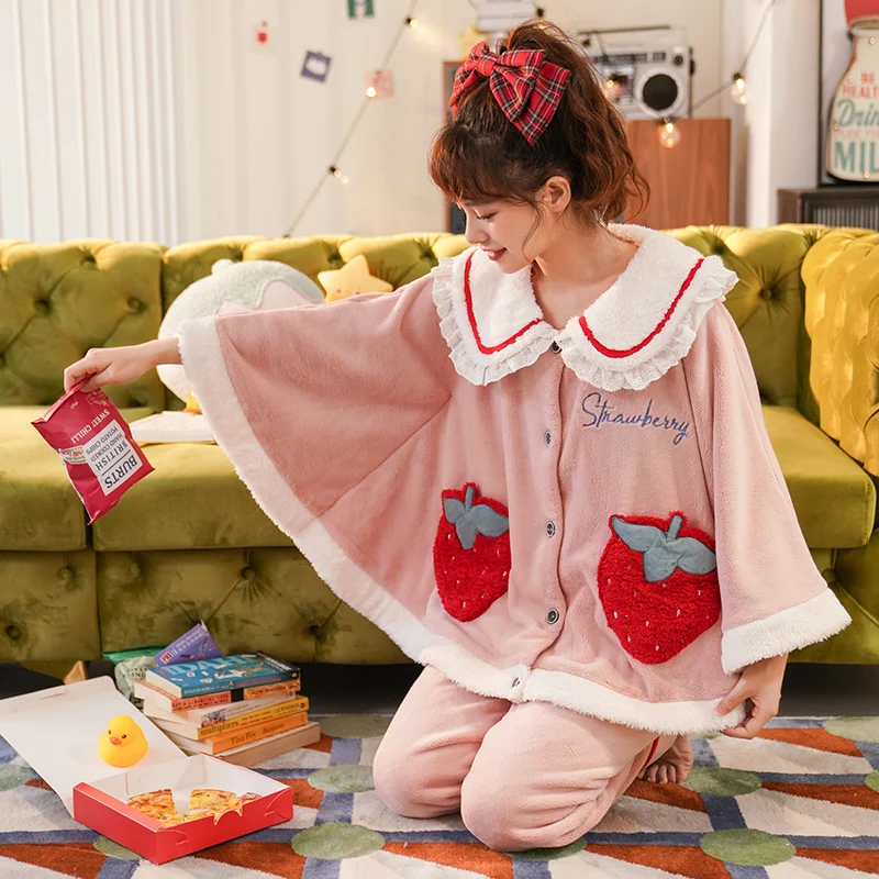 

Winter Pyjamas Flannel Pajamas Women Sleepwear Coral Fleece Nightgown Doll Collar Loose Version Batwing Keep Warm