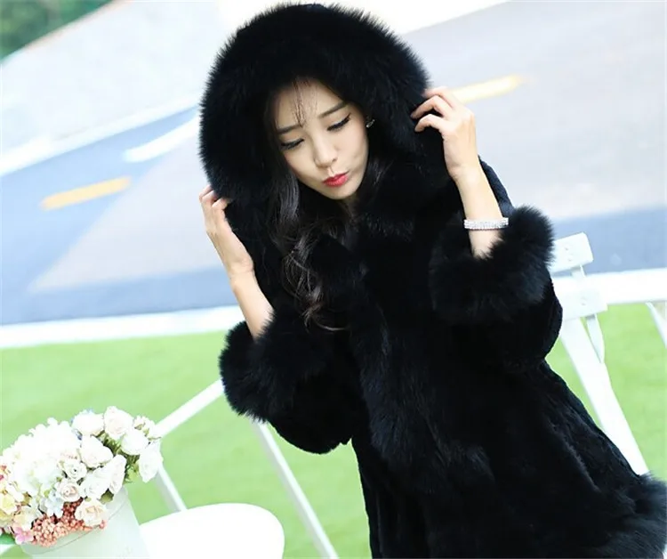Осень и зима мех кролика рекс с капюшоном Корейская версия длинного пальто лисы женщина
