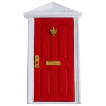

New 1/12 Dollhouse Miniature 4-Panel Exterior Wooden Door Steepletop with Hardware Knockplate Letter Slot Outward Open - Red