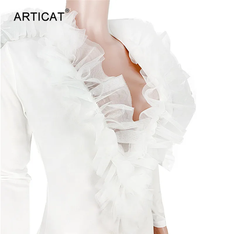 Articat Ruffles Mesh Patchwork Sexy Dress Women Deep V Neck Long Sleeve Slim Autumn Dress Elegant Short Party Club Dress
