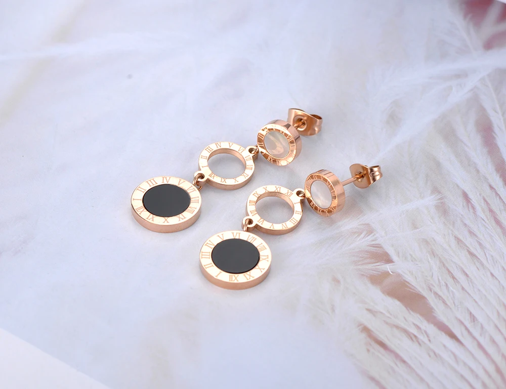 Dangle Earrings JeeMango Stainless Steel 3Pcs Disc Roman Numerals Dangle Earrings for Women Girl Shell & Acrylic Bohemia Earrings JE19184
