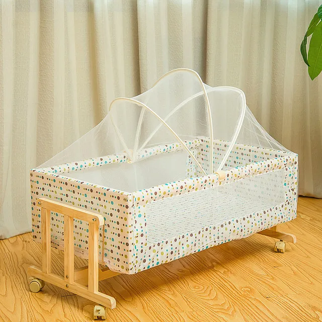 Детские Кроватки из цельного дерева, детская колыбель с Москитными сетками, передвижная детская кроватка с колесами, деревянная переносная детская кроватка для новорожденных - Цвет: Colored dots