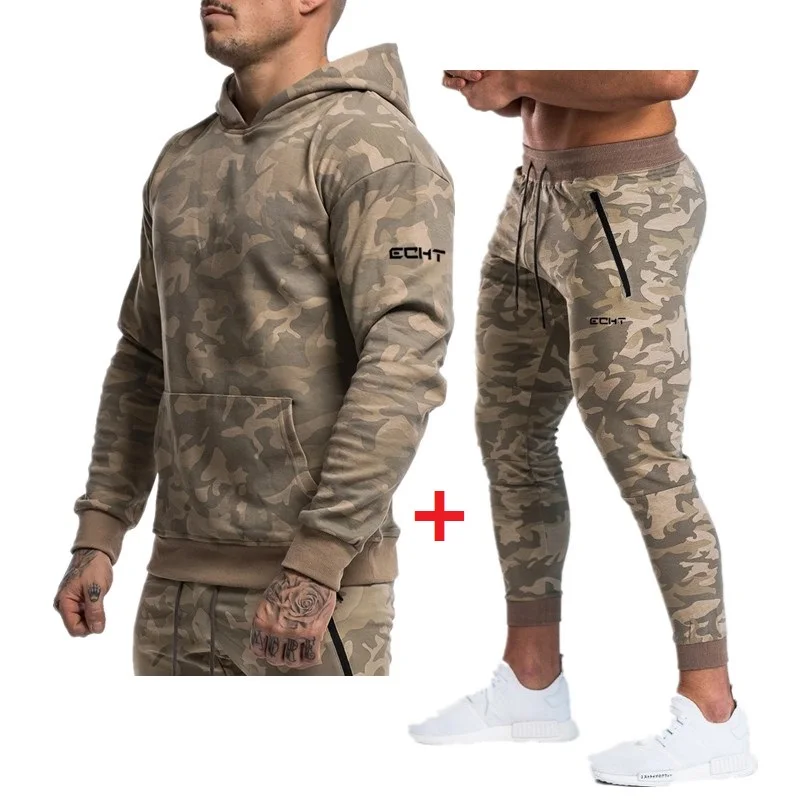 khaki hoodies pants Спортивные костюмы для мужчин/женщин, фирменные костюмы для фитнеса, осенний мужской комплект с длинным рукавом, камуфляжные толстовки+ штаны, спортивный костюм для спортзала и бега - Цвет: khaki hoodies pants