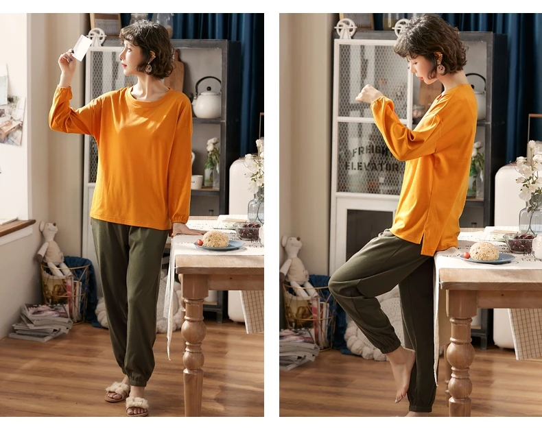 Зеленые пижамы размера плюс женские корейские минималистичные стильные пижамы пуловер с карманом на лодыжке модные студенческие хлопковые пижамы новые