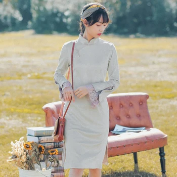 

2020 improved cheongsam chinese dress for women tangsuit elegant vintage qipao dress linen long sleeve dresses vestidos