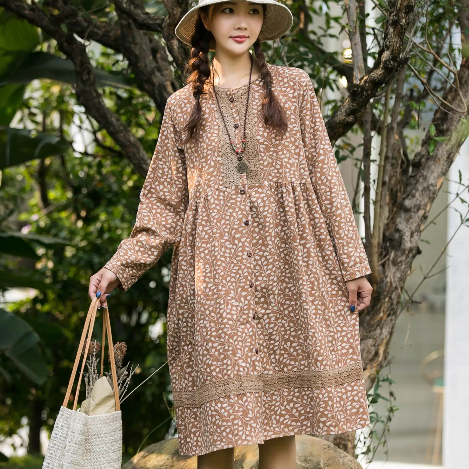 

Pastoral Style Japanese-style Loose And Plus-sized Single Breasted Printed Floral-Print Cotton Linen Dress Long Sleeve Women's A
