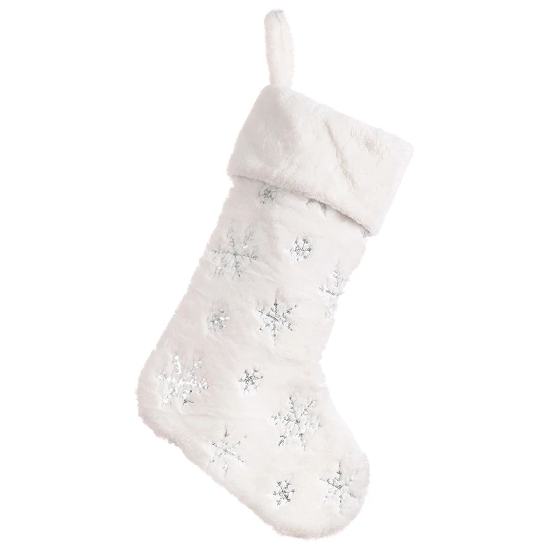 

22 Inch Plush Snowflake Christmas Gift Socks for Home Decoration Xmas Stockings Fireplace Socks Silver Beaded Sequin