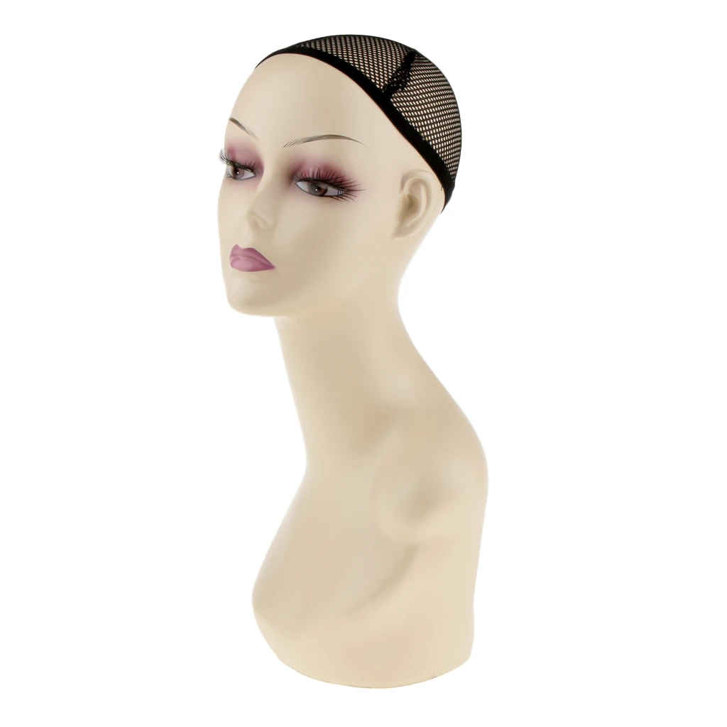 18`` Tall Female Fleshtone Head with Net Cap, Realistic Make-Up & False Eyelashes, Wigs Sunglsses Hat Display Stand