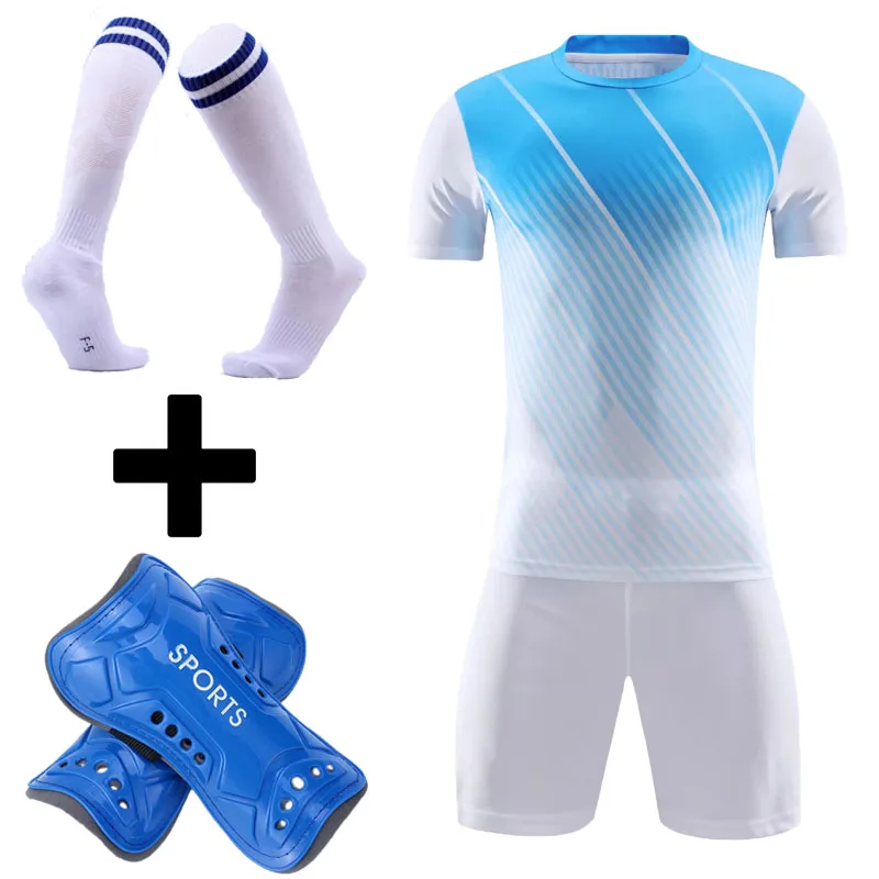 Football Shin Pads and socks free Men and Kids Football Jersey Set Children Men Soccer Jersey Set Training Uniform Suit