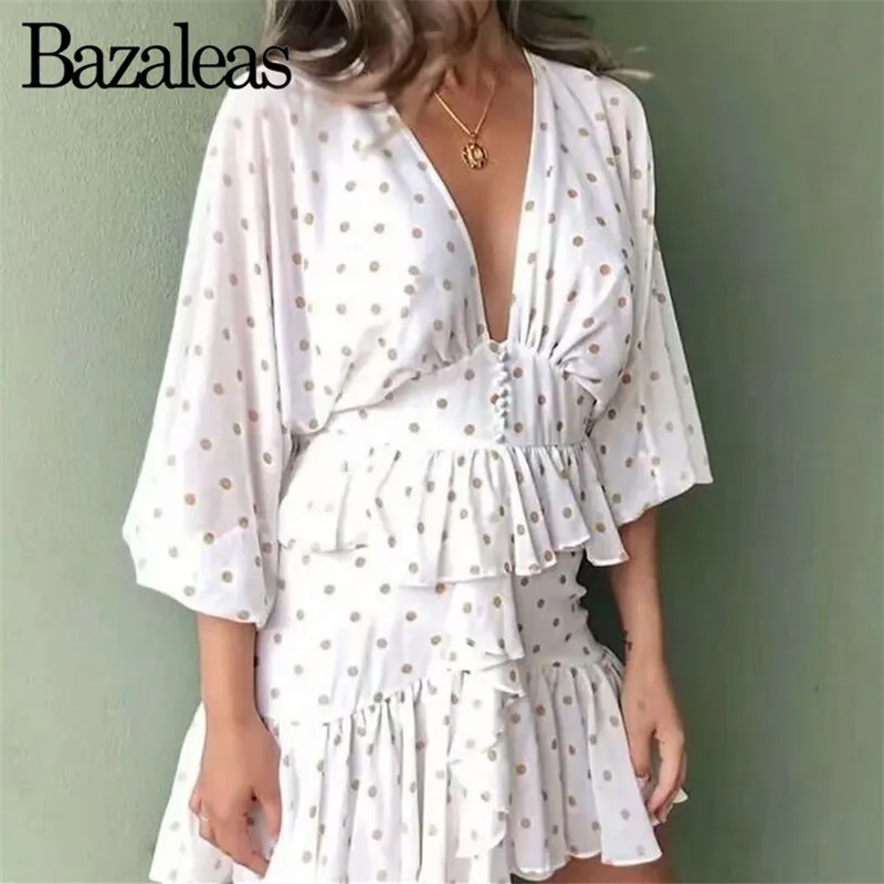 Bazaleas женское платье в стиле ретро с оборками, винтажное белое платье в розовый горошек, модное женское платье с v-образным вырезом и пуговицами