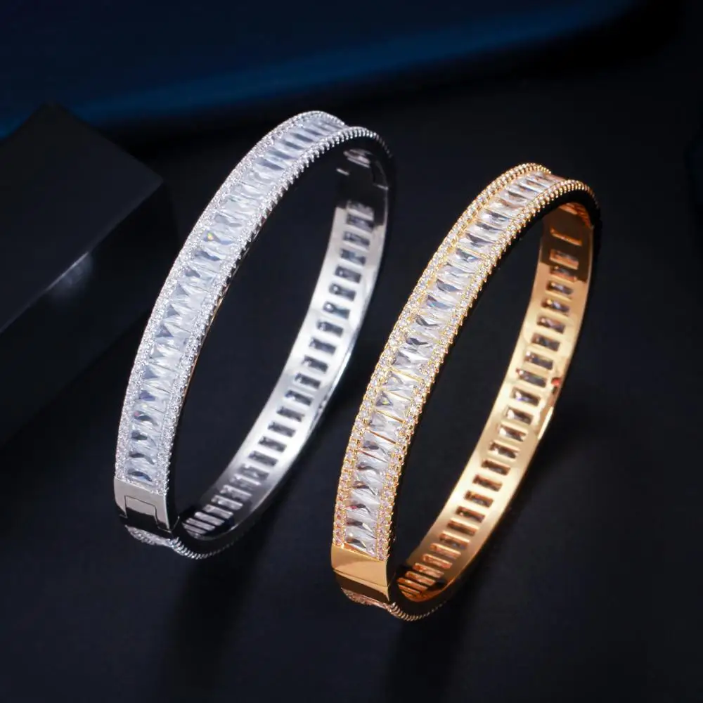 CWWZircons Luxury Baguette CZ Cubic Zircon Round Open Bangle Bracelet New Trendy Brand Women Party Wedding Bridal Jewelry BG042 4