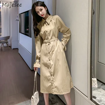 

Trench Coat for Women Solid Single Breasted Pockets Womens Outwear Clothes Vintage Khaki Long Coats High Quality Windbreaker