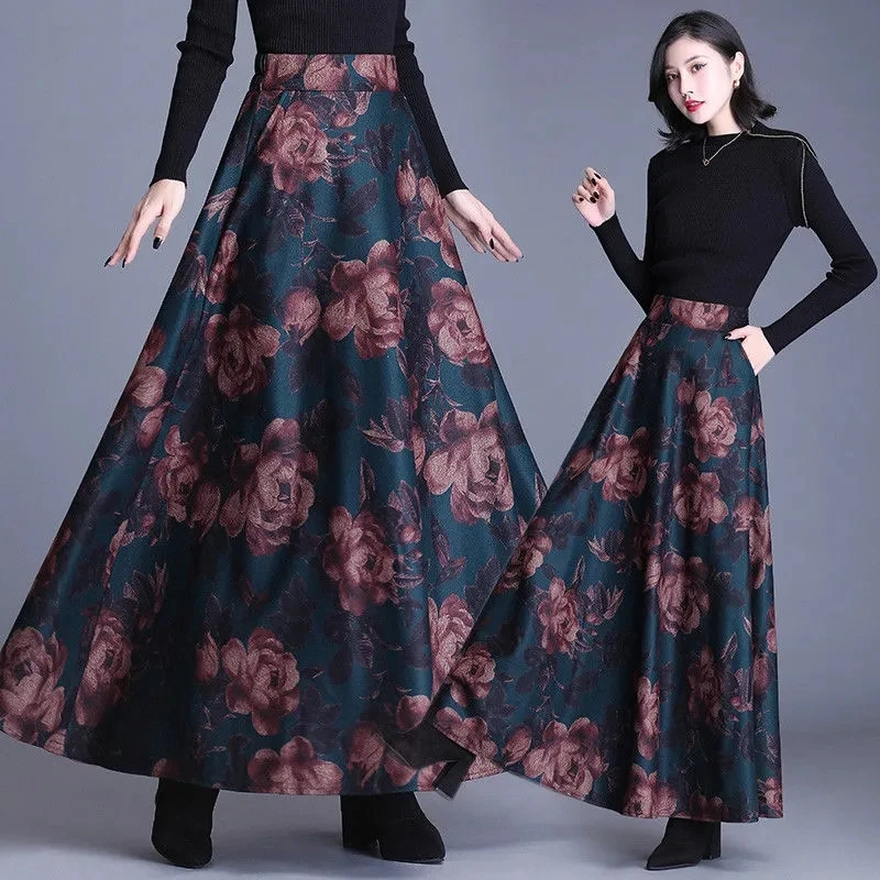 Autumn And Winter Woolen Printed Skirt Women 2022Elasticity Waist Fashion A-Line Large Swing Skirt With Pocket Long Skirt