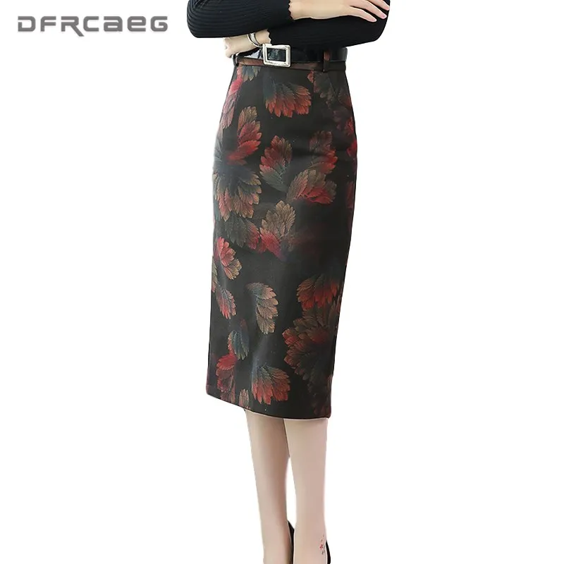 

High Waist Winter Wool Pencil Skirt Women 2020 Autumn Winter Plus Size Vintage Print Sexy Split Long Skirt Female 3XL 4XL
