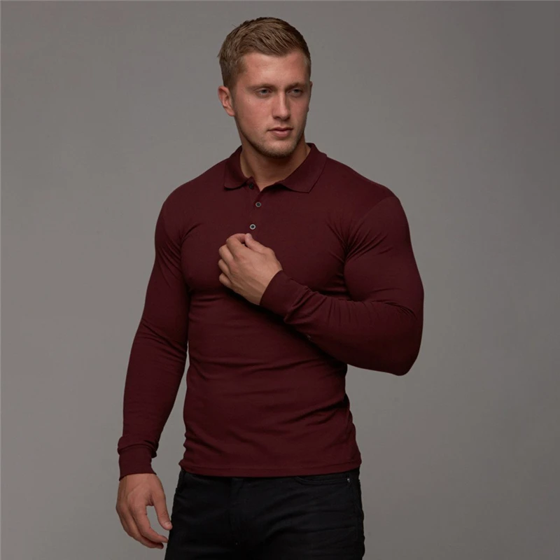 Новая брендовая хлопковая дышащая мужская рубашка поло для фитнеса, мужская хлопковая рубашка с длинным рукавом, брендовая одежда, осенние мужские рубашки поло