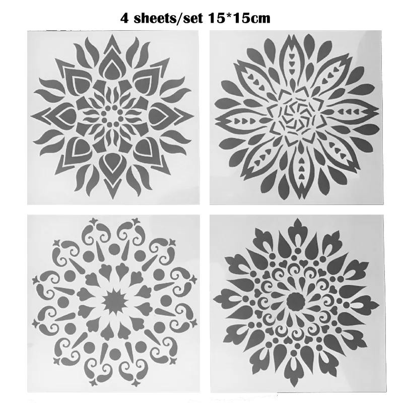

4pc Mandala Muur Tekening Stencil 15x15cm Voor Schilderen Template DIY Hosehold Decoratie Sjabloon Fotolijst Stencils Reusable
