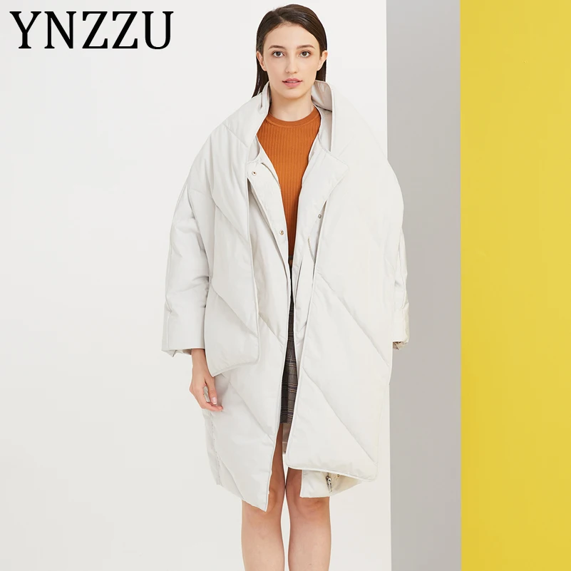 

YNZZU 2019 New Design Women's Down Jacket Casual Long Style with Scarf Warm 90% White Goose Down Coat Female Loose Outwear A1107