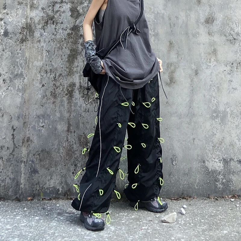 [EAM] High Elastic Waist Green Drawstring Wide Leg Long Trousers New Loose Fit Pants Women Fashion Tide Spring Autumn 2020 1X847