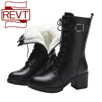 

REVT 41 42 43 Genuine Leather Women Winter Boots Thick Wool Warm Zipper Military Boots High-Quality Female Snow Boots Lace-up