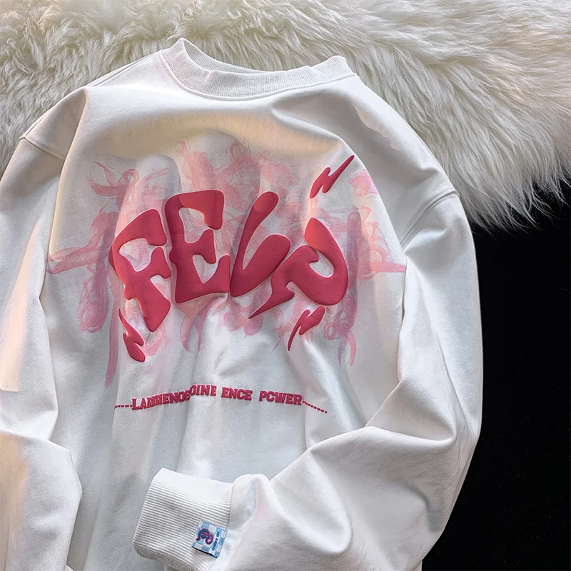 

High quality 2022 spring foam printed cotton large size round neck pullover sweater for men and women couples