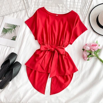 

irregular chiffon women blouse short-sleeved solid belt slim o-neck office lady elegant all match pulls outwear tops